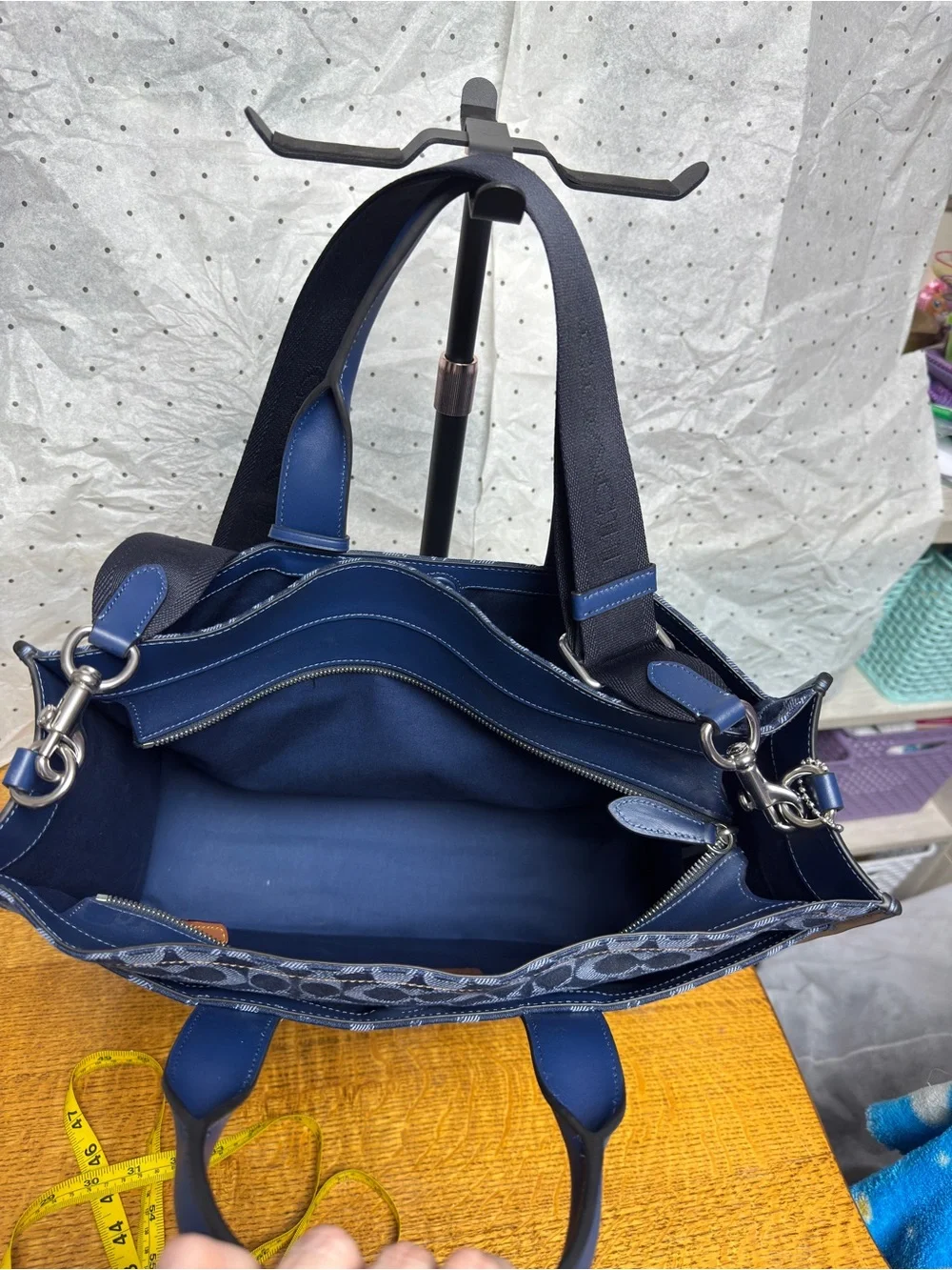 NEW Coach Wesley Blue denim Signature Monogram Tote with Leather Trim